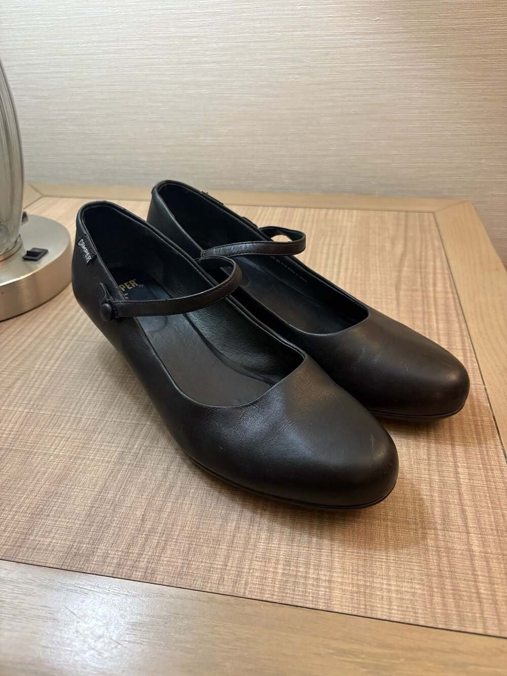 Camper Black Leather Katie Mary Jane Wedge Pump Shoes